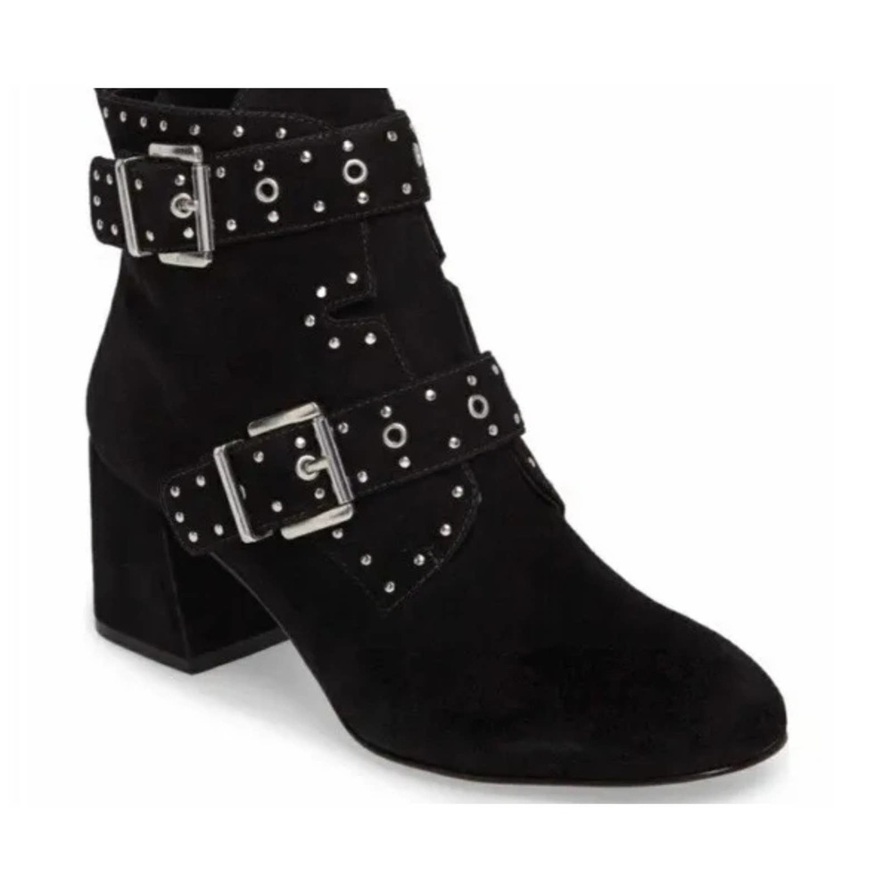 Rebecca Minkoff Black Studded Suede Buckle Bootie, Size 8.5M